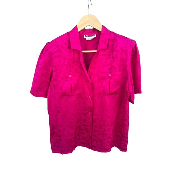 Tat Kee Vintage 80s Jacquard Floral Blouse Button Up 100% Silk Hot Pink LARGE - Picture 1 of 5